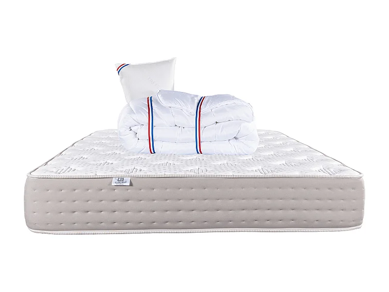 Colchão Dreamlux 90x190 cm com molas ensacadas, firme com espuma de alta densidade, face de verão/inverno + Travesseiro + Edredom