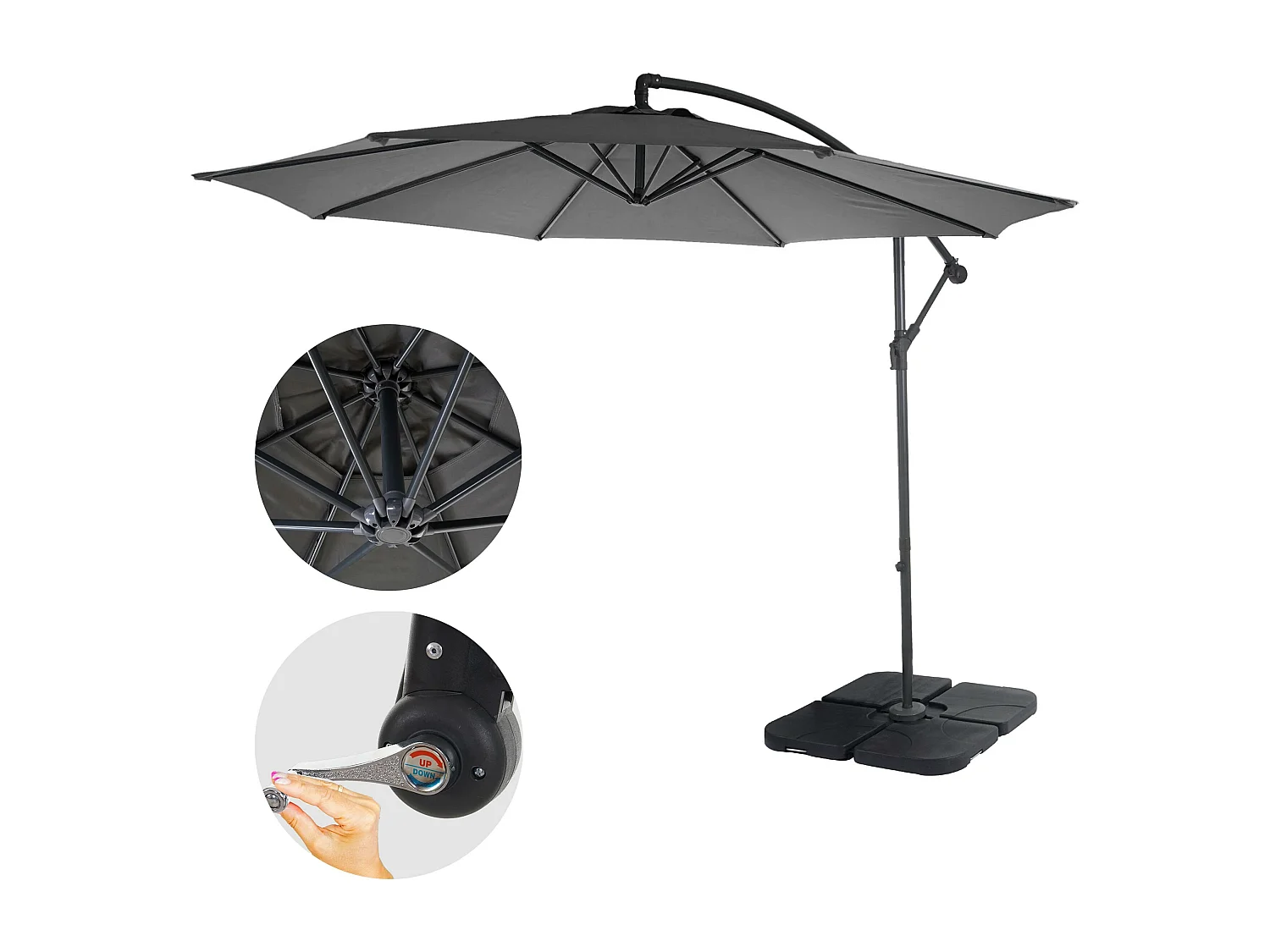Parasol déporté Terni Ø 3m inclinable,  gris avec socle à poids