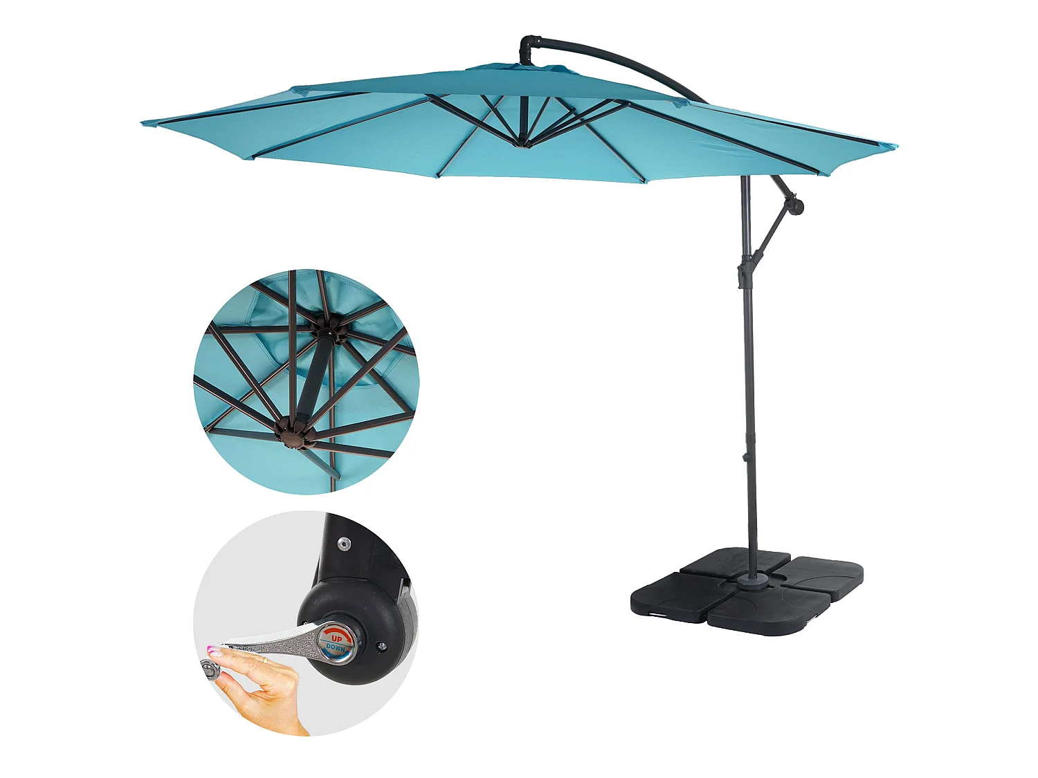 Zweefparasol met verlichting Terni,  turkooisblauw met standaard