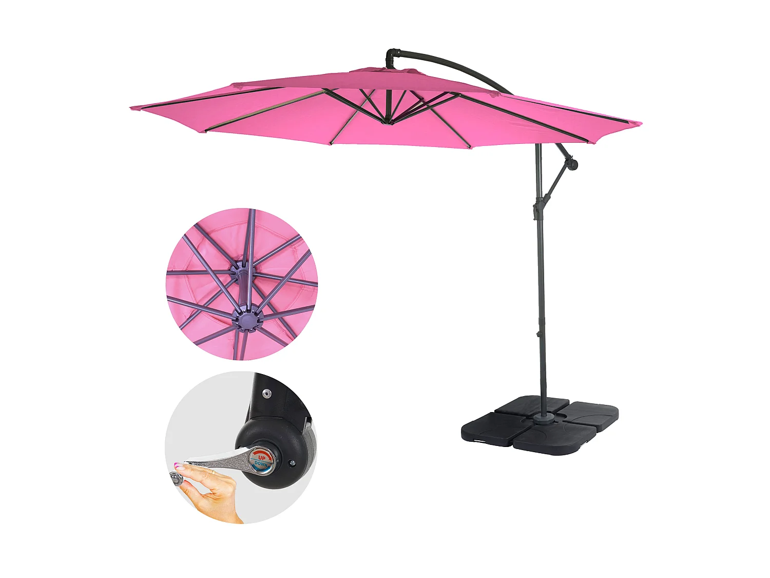 Parasol déporté Terni Ø 3m inclinable,  rose avec support