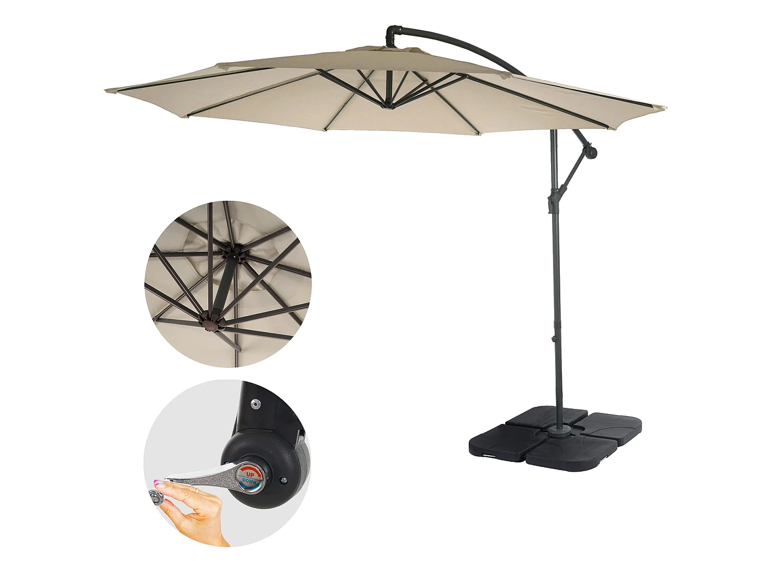 Parasol déporté Terni Ø 3m inclinable,  crème avec support