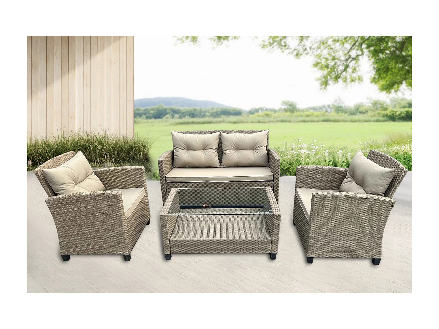 salon de jardin 4 places en résine tressée gris-beige PARMA