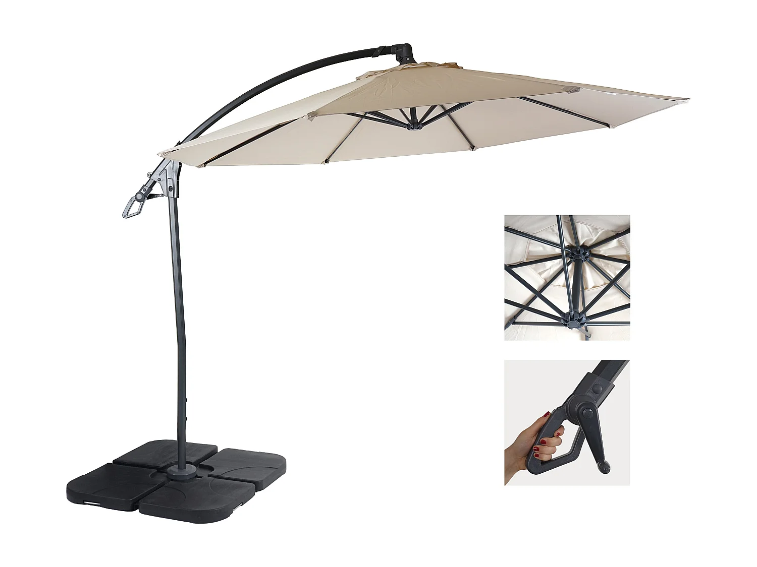 Zweefparasol met verlichting MCW-D14,  crème-wit met standaard