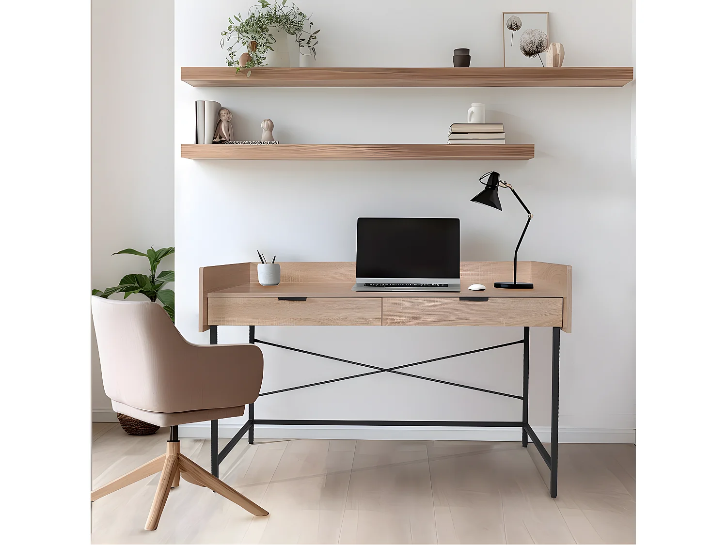 Bureau CAMPUS 123x54cm / Décor Chêne blanchi et métal noir