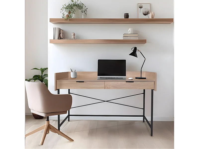 Bureau CAMPUS 123x54cm / Décor Chêne blanchi et métal noir