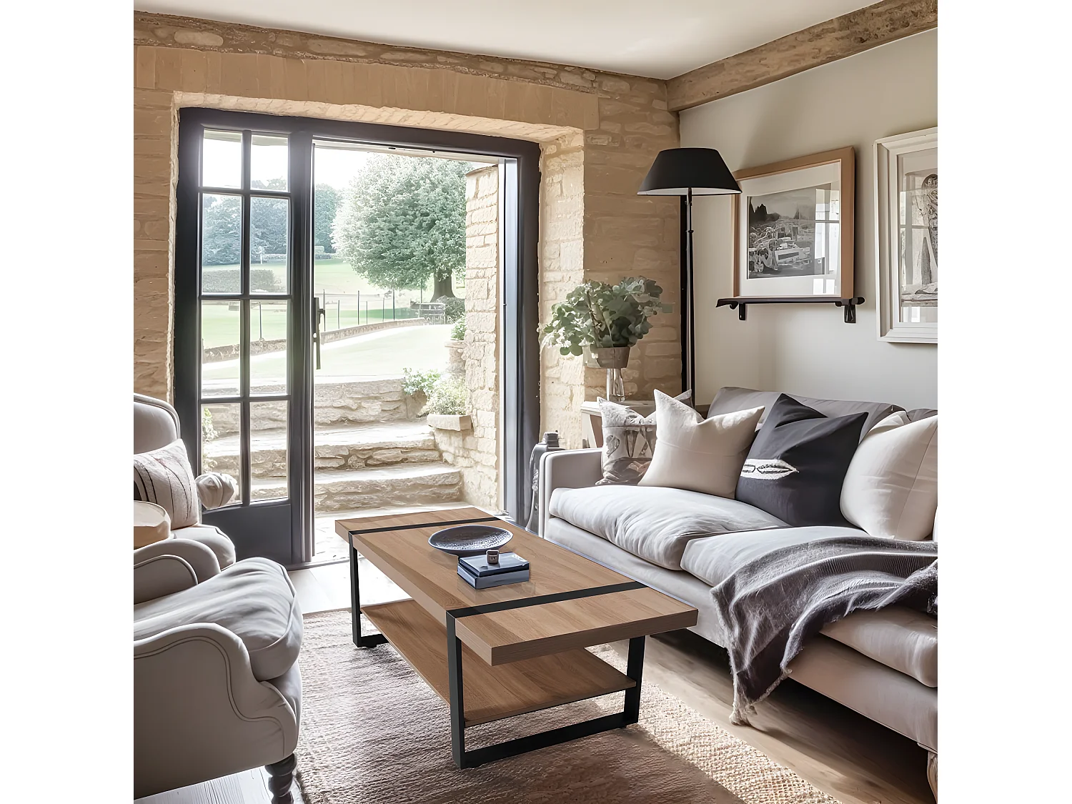 Table basse SINTRA 120x60cm / décor Chêne blanchi et métal noir