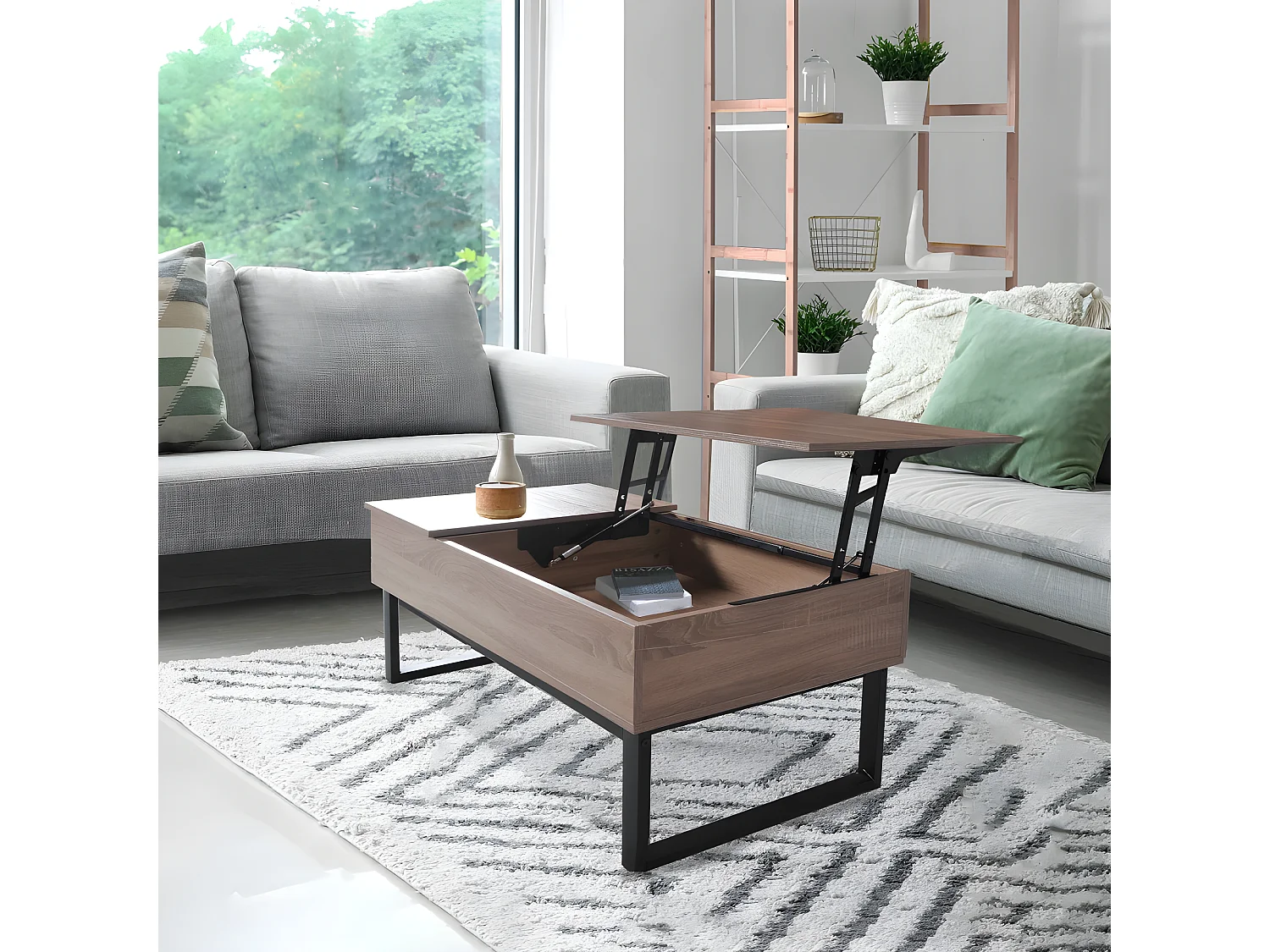 Table basse plateau relevable FLOWER 110x55cm / Décor Chêne blanchi et métal noir