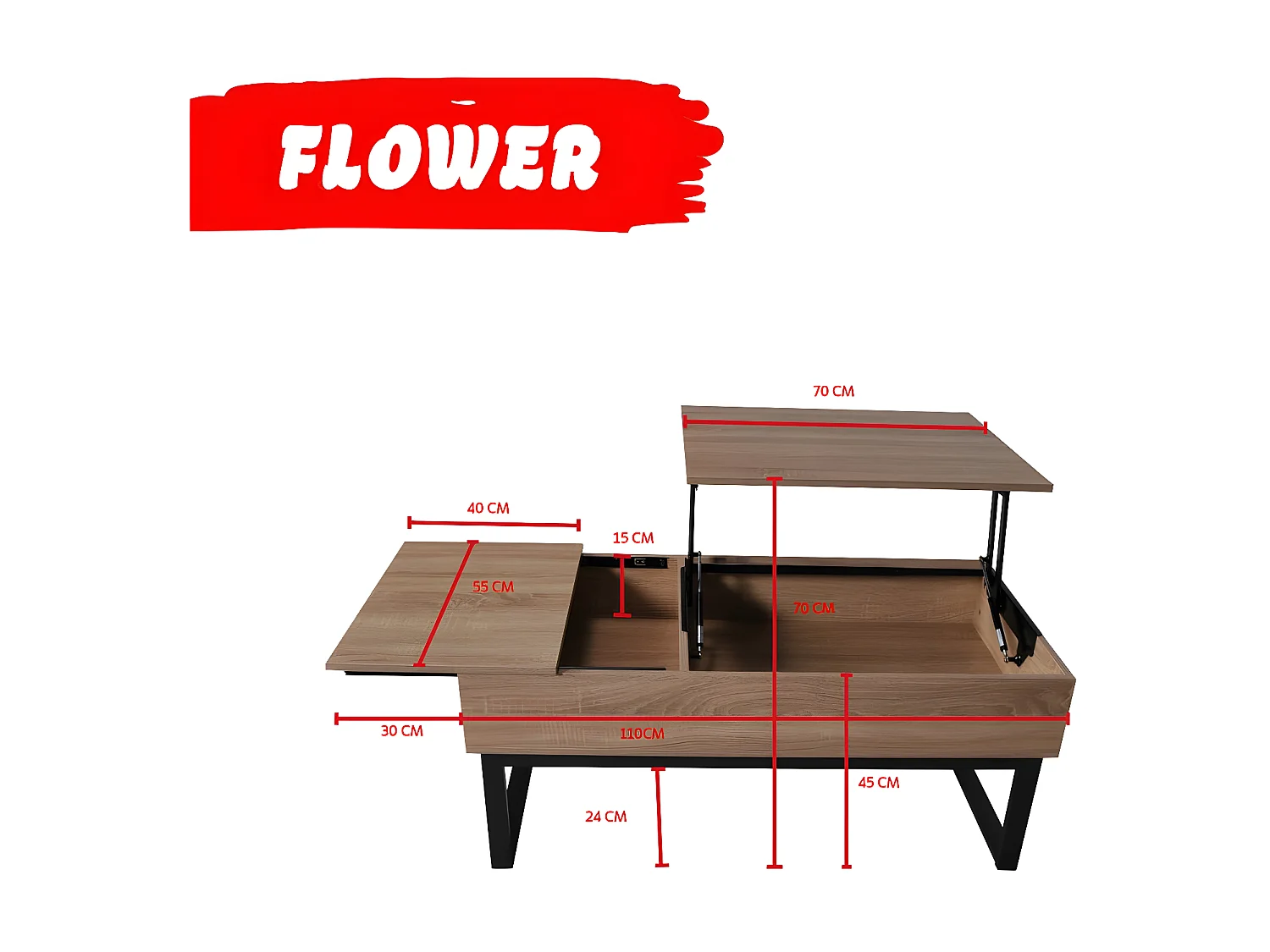 Table basse plateau relevable FLOWER 110x55cm / Décor Chêne blanchi et métal noir