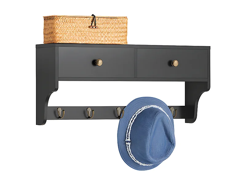 SoBuy Porte Manteau Mural, Meuble Entrée, Porte-Manteaux, Étagère Murale, Porte-vêtements avec 2 Tiroirs et 5 Crochets, 60x15x27 cm, Noir, FRG178-SCH