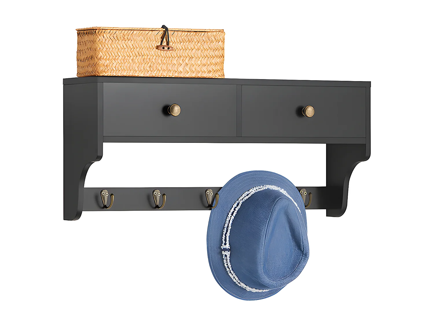 SoBuy Porte Manteau Mural, Meuble Entrée, Porte-Manteaux, Étagère Murale, Porte-vêtements avec 2 Tiroirs et 5 Crochets, 60x15x27 cm, Noir, FRG178-SCH