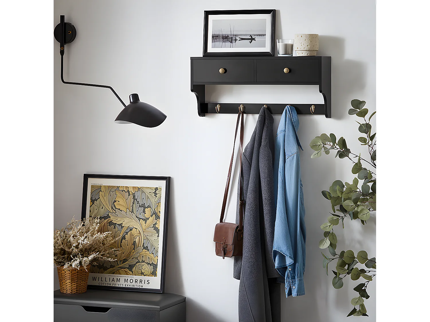 SoBuy Porte Manteau Mural, Meuble Entrée, Porte-Manteaux, Étagère Murale, Porte-vêtements avec 2 Tiroirs et 5 Crochets, 60x15x27 cm, Noir, FRG178-SCH