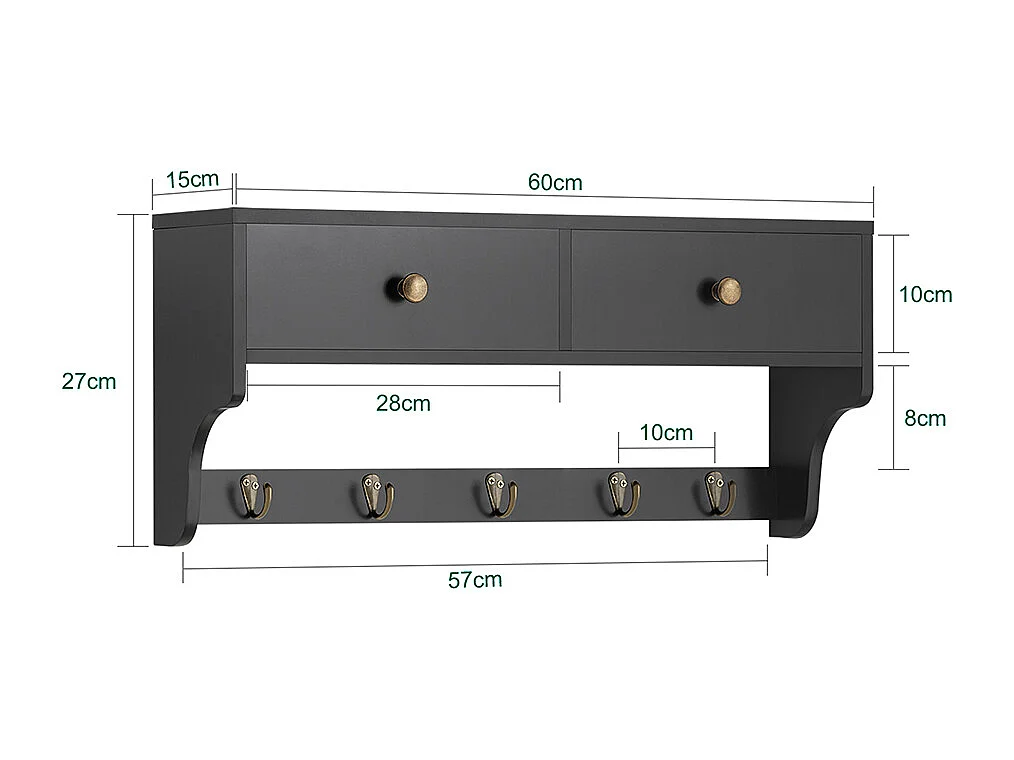 SoBuy Porte Manteau Mural, Meuble Entrée, Porte-Manteaux, Étagère Murale, Porte-vêtements avec 2 Tiroirs et 5 Crochets, 60x15x27 cm, Noir, FRG178-SCH