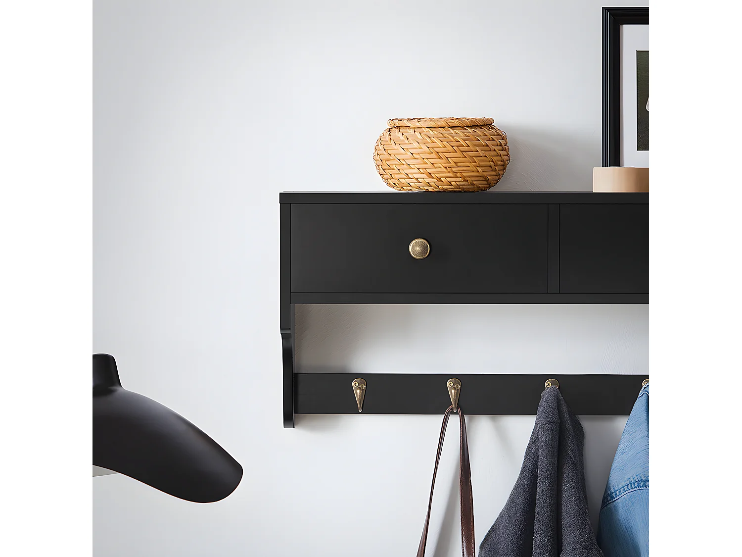 SoBuy Porte Manteau Mural, Meuble Entrée, Porte-Manteaux, Étagère Murale, Porte-vêtements avec 2 Tiroirs et 5 Crochets, 60x15x27 cm, Noir, FRG178-SCH