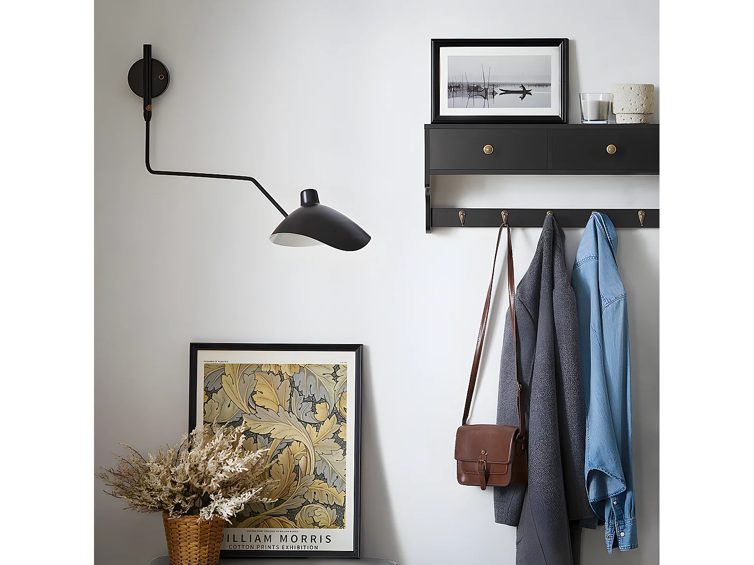 SoBuy Porte Manteau Mural, Meuble Entrée, Porte-Manteaux, Étagère Murale, Porte-vêtements avec 2 Tiroirs et 5 Crochets, 60x15x27 cm, Noir, FRG178-SCH