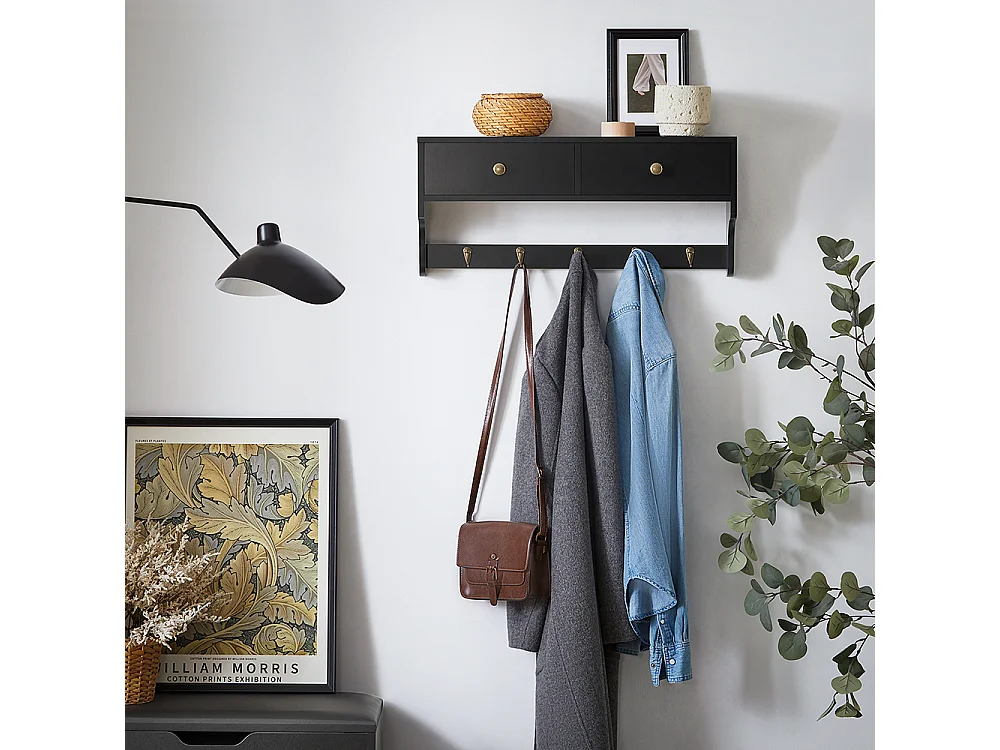 SoBuy Porte Manteau Mural, Meuble Entrée, Porte-Manteaux, Étagère Murale, Porte-vêtements avec 2 Tiroirs et 5 Crochets, 60x15x27 cm, Noir, FRG178-SCH