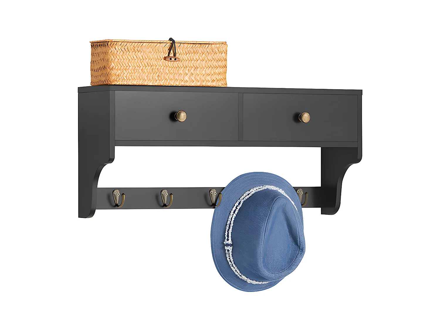 SoBuy Porte Manteau Mural, Meuble Entrée, Porte-Manteaux, Étagère Murale, Porte-vêtements avec 2 Tiroirs et 5 Crochets, 60x15x27 cm, Noir, FRG178-SCH