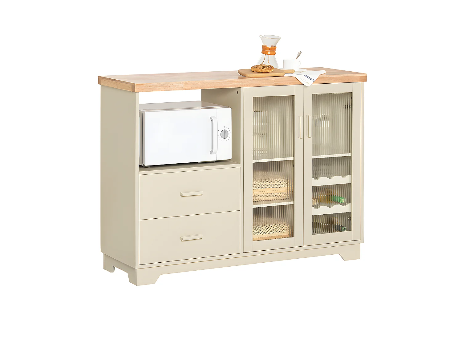 SoBuy Dressoir Keukenkast met 2 Glazen Deurtjes Magnetron Multi-Opbergkast Keukenkast Halkast Zijkast, 120 x 40 x 90 cm, Beige, FSB81-MI