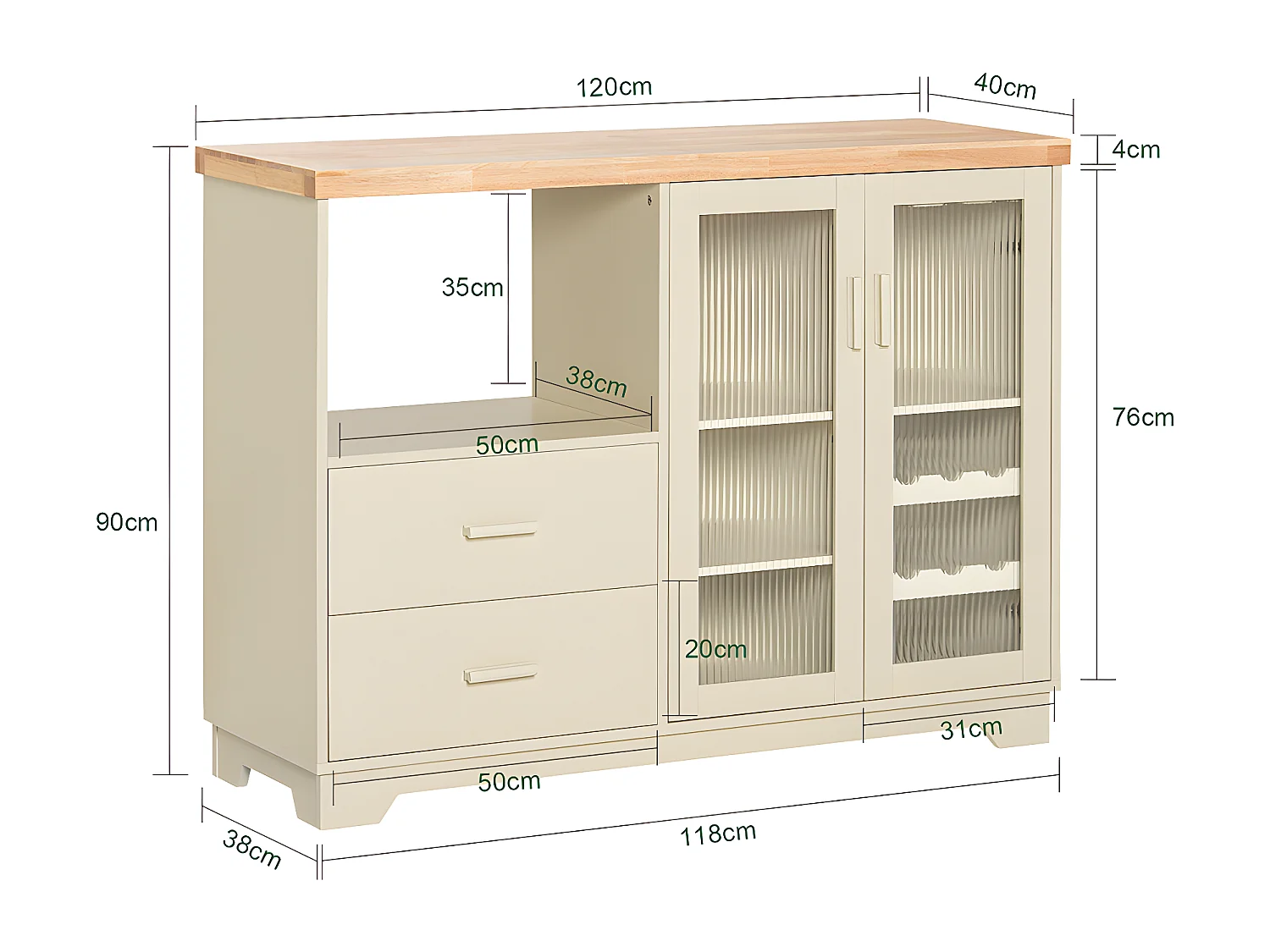 SoBuy Dressoir Keukenkast met 2 Glazen Deurtjes Magnetron Multi-Opbergkast Keukenkast Halkast Zijkast, 120 x 40 x 90 cm, Beige, FSB81-MI