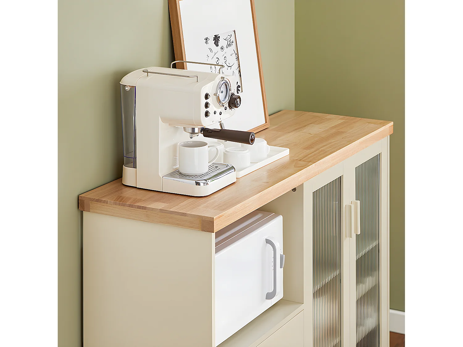 SoBuy Dressoir Keukenkast met 2 Glazen Deurtjes Magnetron Multi-Opbergkast Keukenkast Halkast Zijkast, 120 x 40 x 90 cm, Beige, FSB81-MI