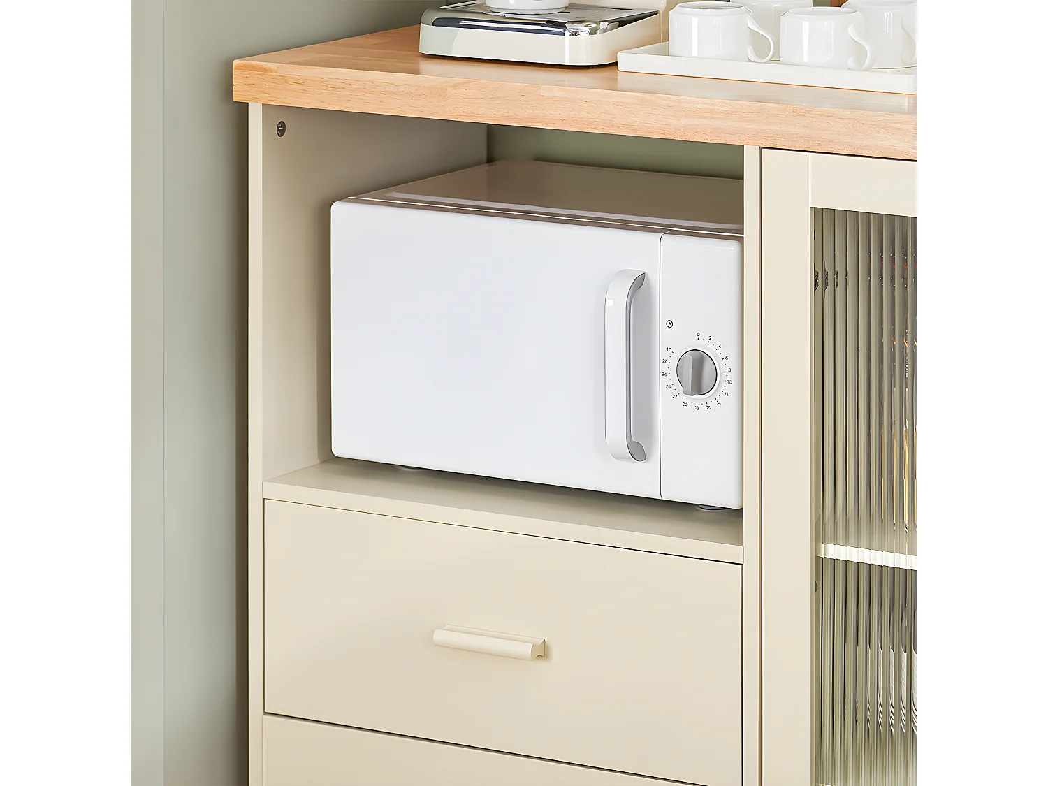 SoBuy Dressoir Keukenkast met 2 Glazen Deurtjes Magnetron Multi-Opbergkast Keukenkast Halkast Zijkast, 120 x 40 x 90 cm, Beige, FSB81-MI