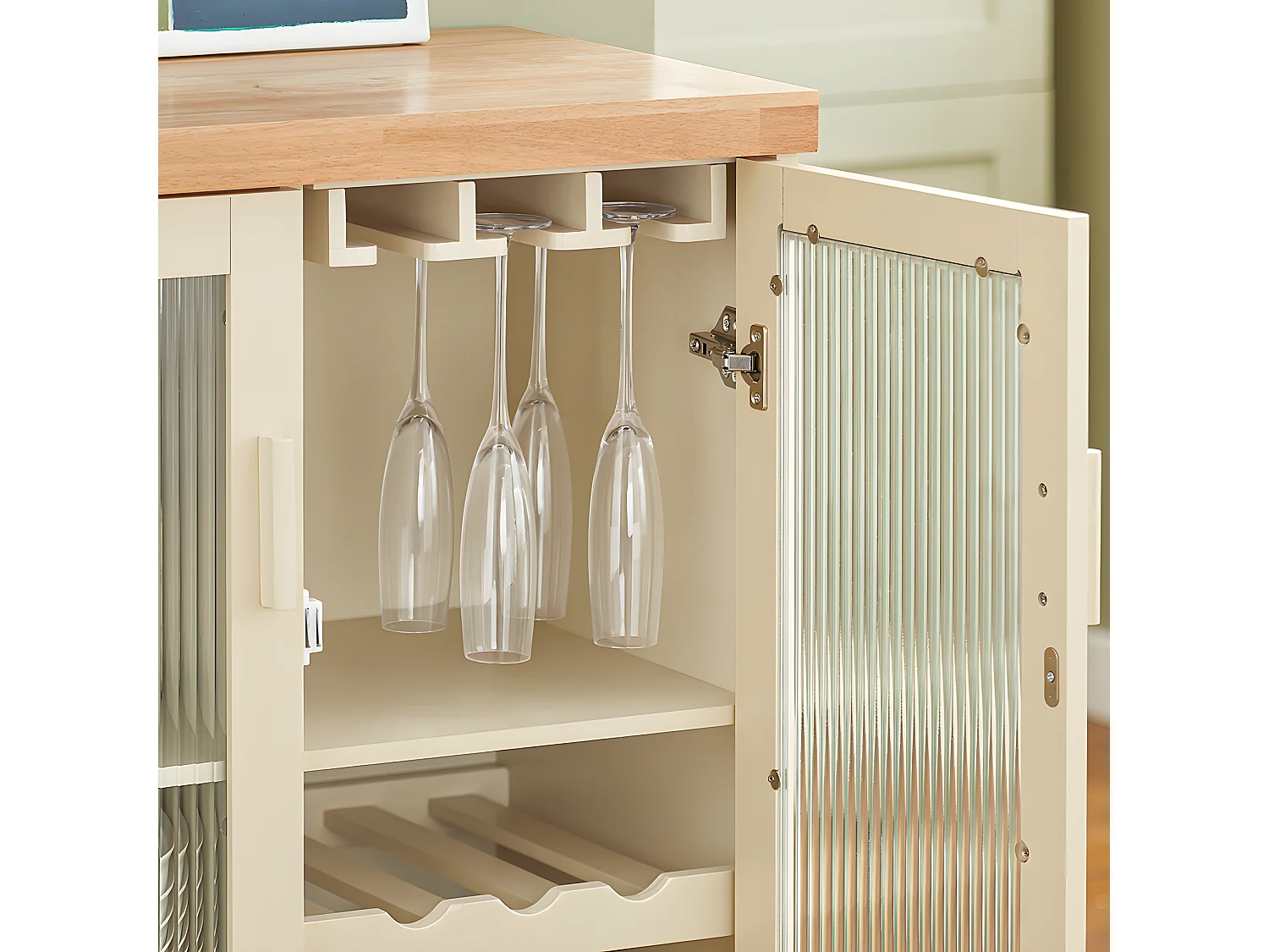 SoBuy Dressoir Keukenkast met 2 Glazen Deurtjes Magnetron Multi-Opbergkast Keukenkast Halkast Zijkast, 120 x 40 x 90 cm, Beige, FSB81-MI