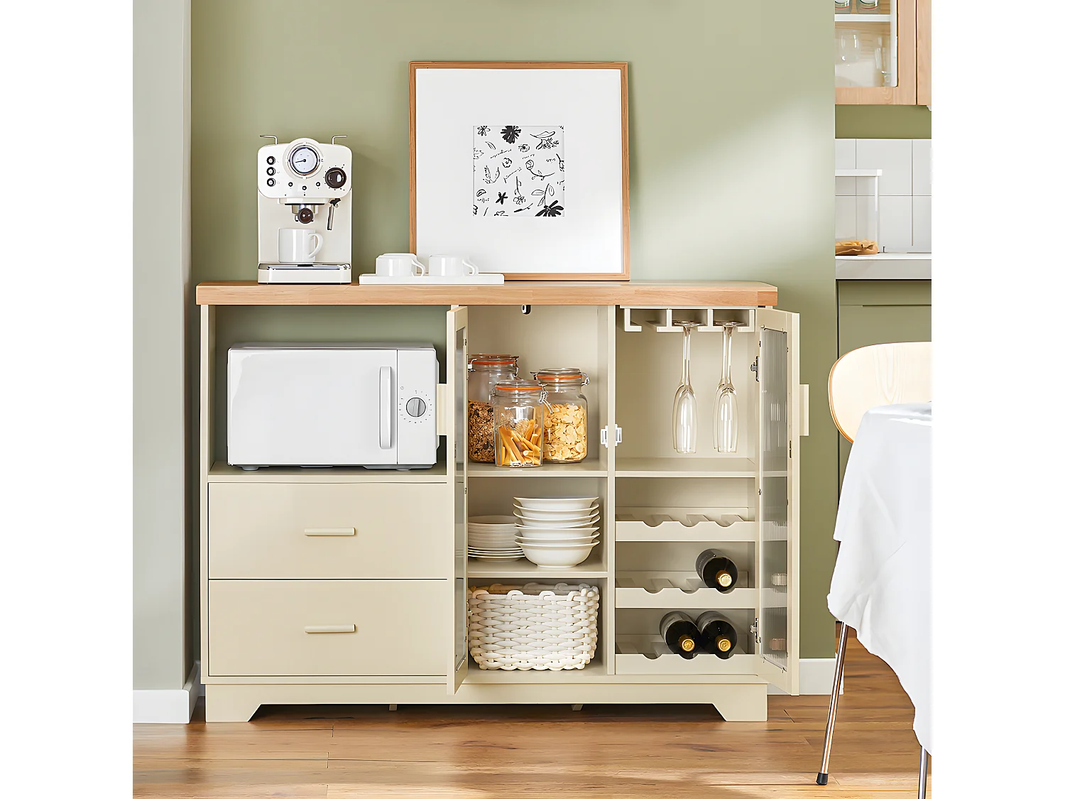 SoBuy Dressoir Keukenkast met 2 Glazen Deurtjes Magnetron Multi-Opbergkast Keukenkast Halkast Zijkast, 120 x 40 x 90 cm, Beige, FSB81-MI