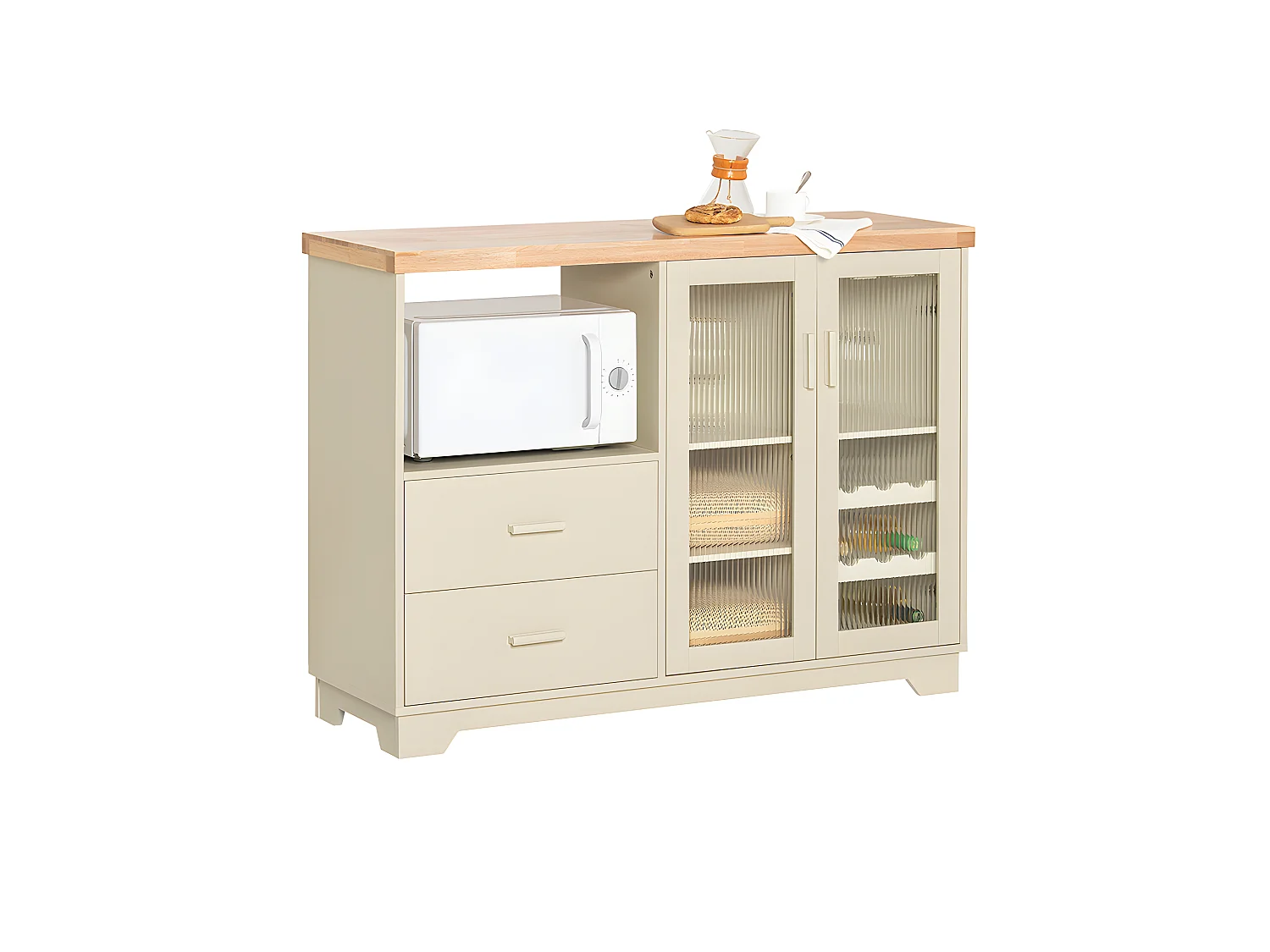 SoBuy Buffet Placard de Cuisine avec 2 portes vitrées Meuble Micro-Ondes Armoire de Cuisine Multi-rangements, Beige, FSB81-MI