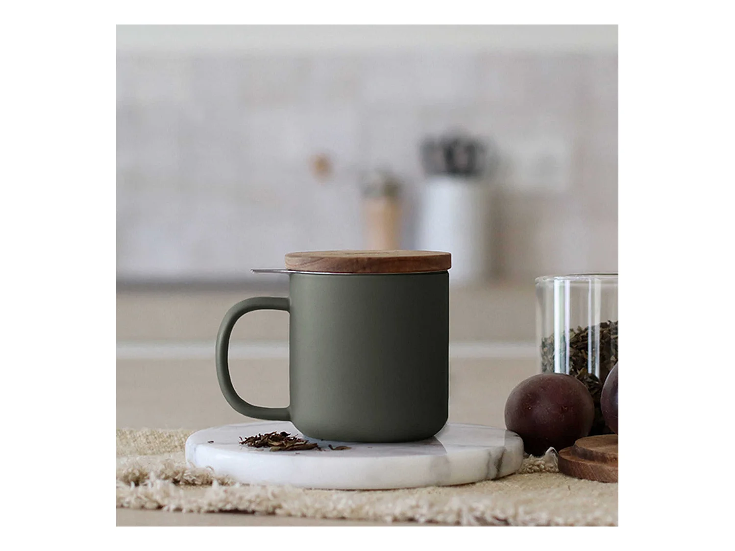 Ogo Living - Tisaniere Juliet 300ml En Gres Kaki Avec Couvercle Bois D'acacia