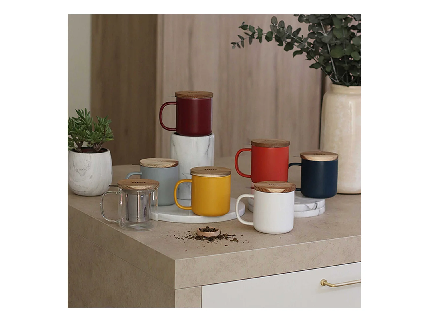 Ogo Living - Tisaniere Juliet 300ml En Gres Kaki Avec Couvercle Bois D'acacia