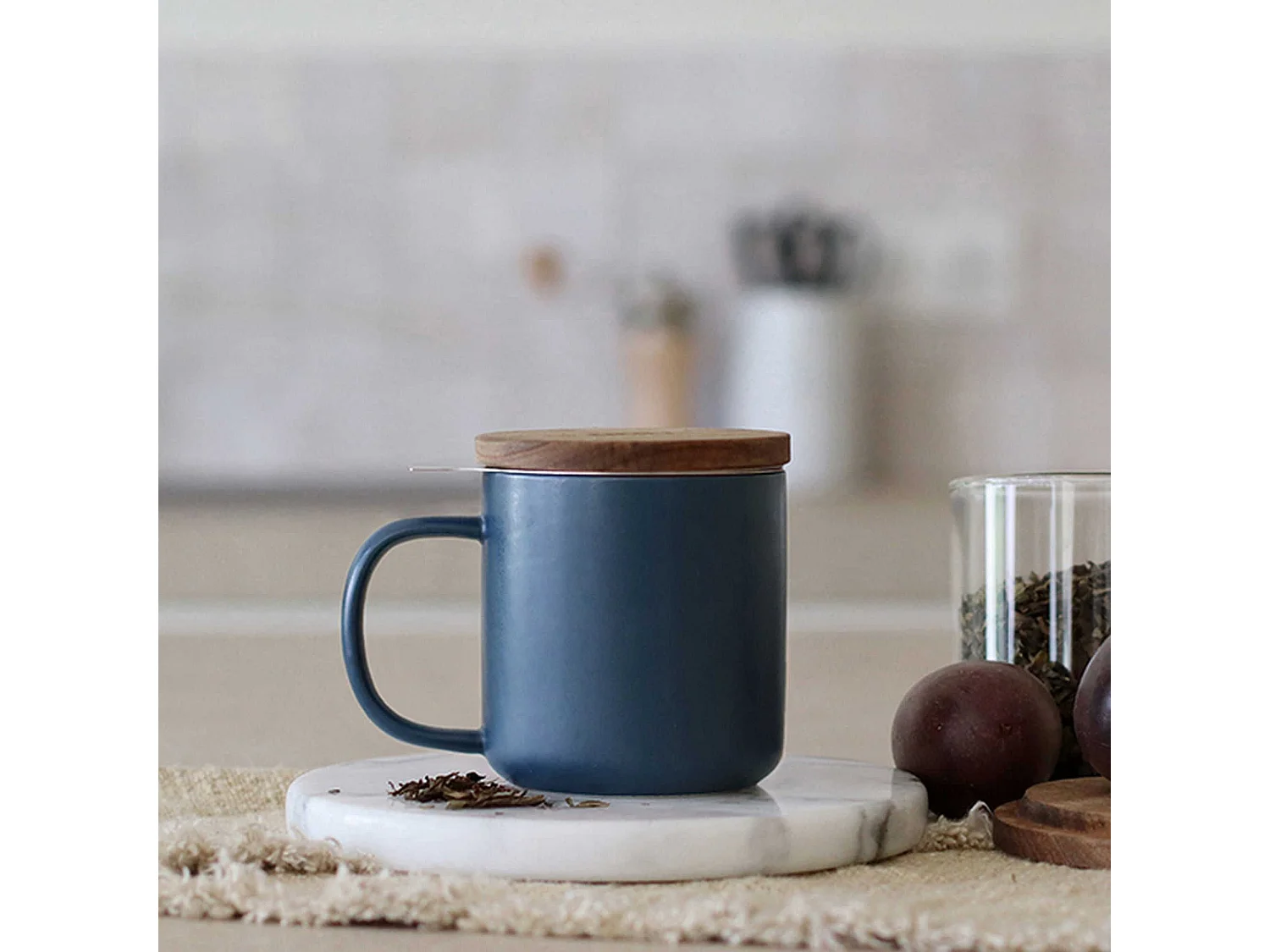 Ogo Living - Tisaniere Juliet 300ml En Gres Bleu Avec Couvercle Bois D'acacia