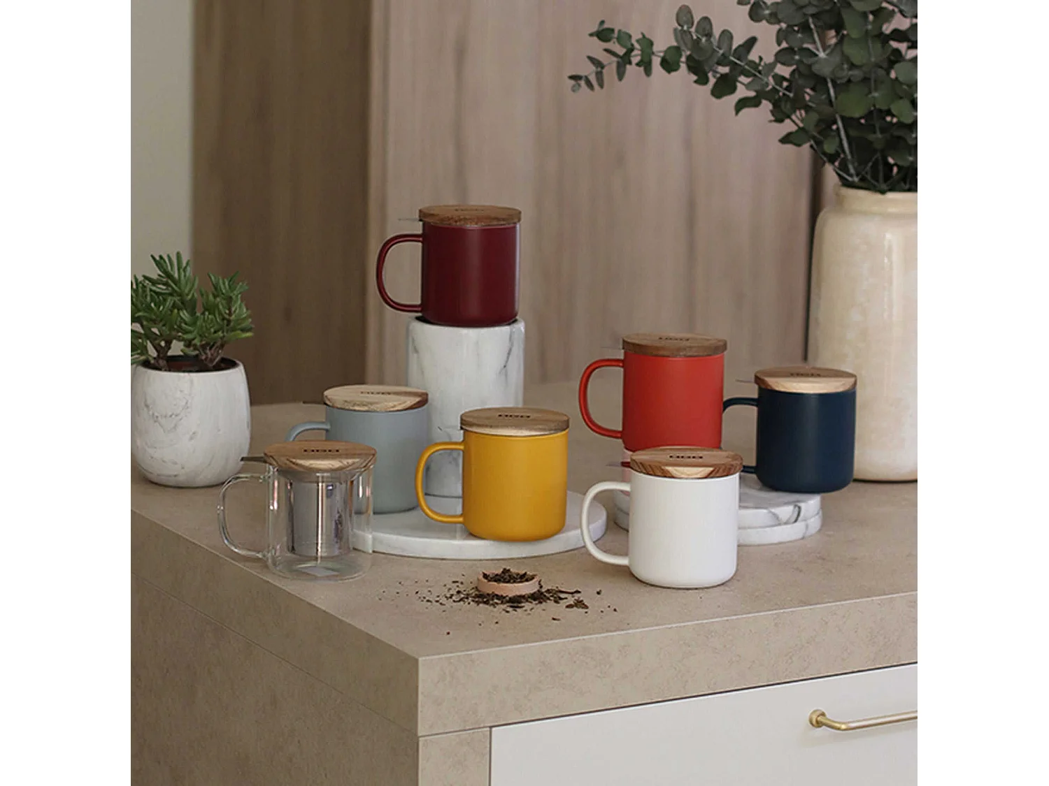 Ogo Living - Tisaniere Juliet 300ml En Gres Bleu Avec Couvercle Bois D'acacia