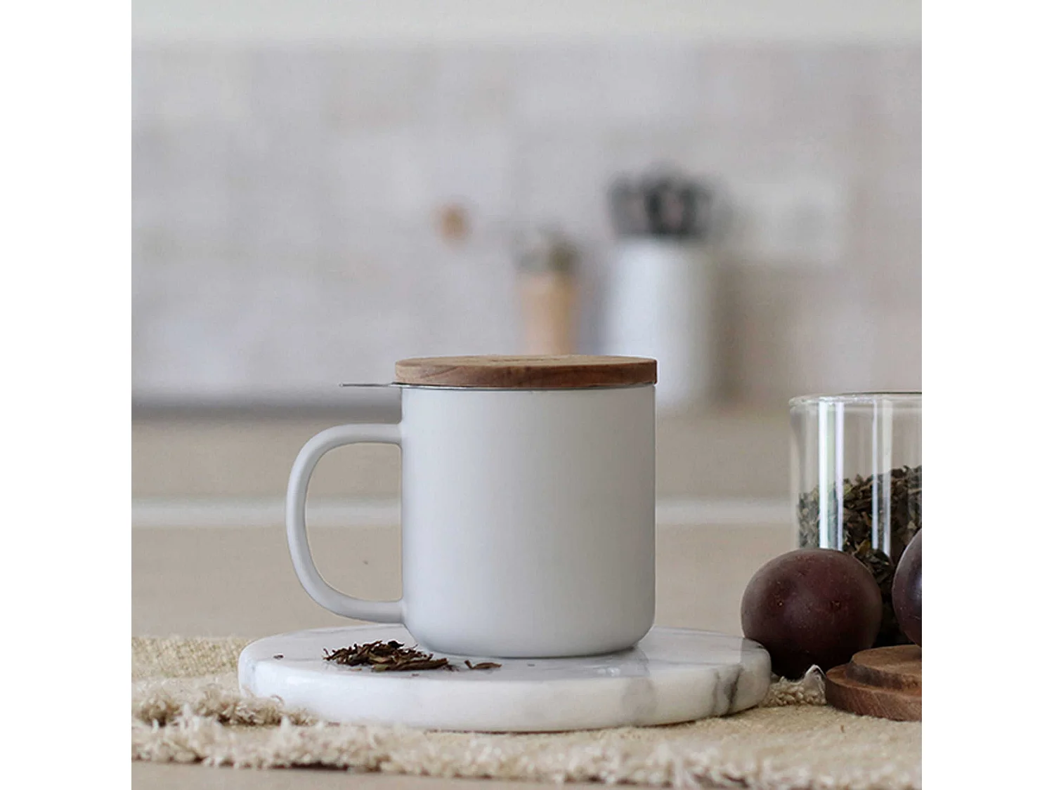 Ogo Living - Tisaniere Juliet 300ml En Gres Blanc Avec Couvercle Bois D'acacia