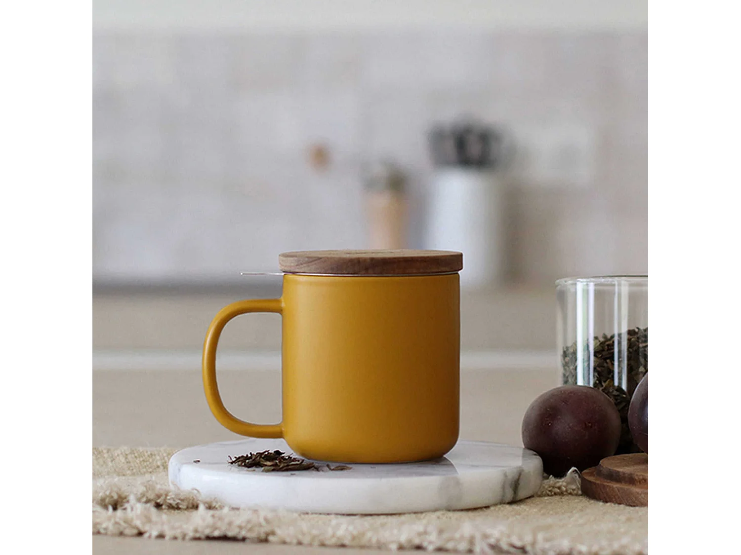 Ogo Living - Tisaniere Juliet 300ml En Gres Jaune Avec Couvercle Bois D'acacia