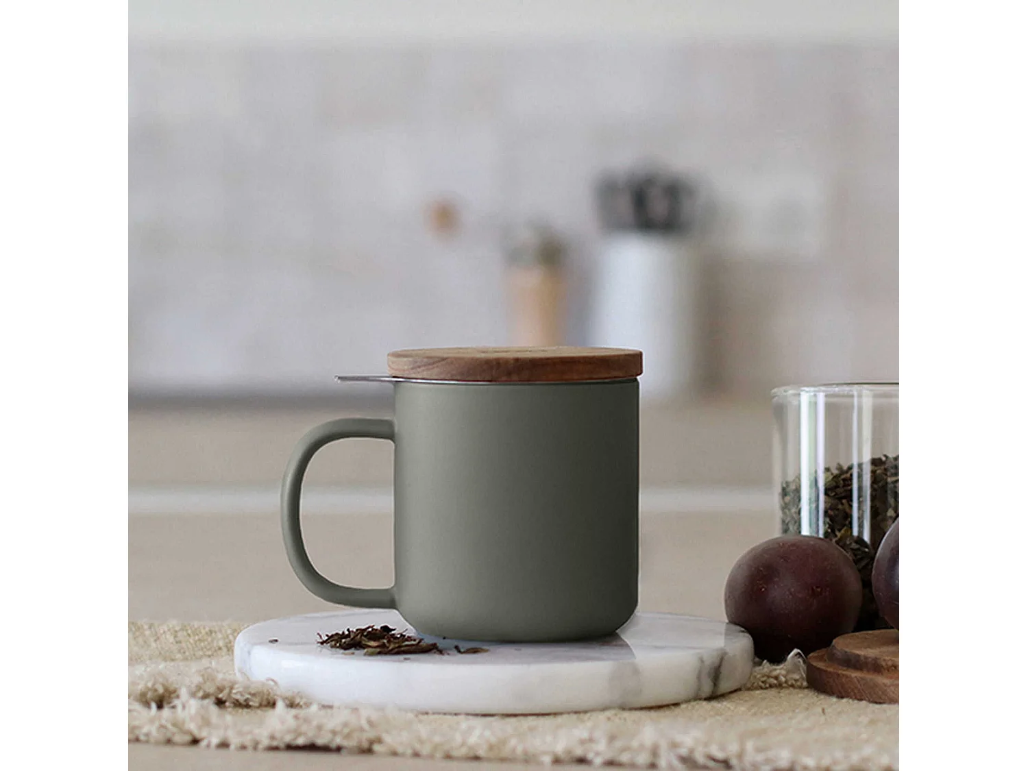 Ogo Living - Tisaniere Juliet 300ml En Gres Vert Amande Avec Couvercle Bois D'acacia