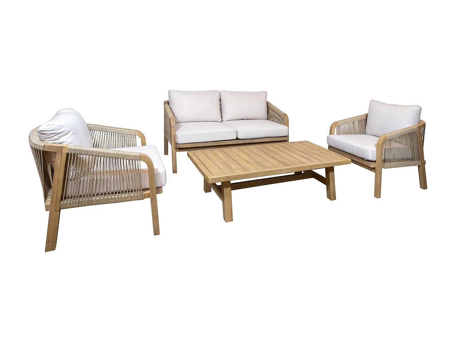 Now's Home - Salon De Jardin En Bois D'acacia Et Coussins Beige 4 Places