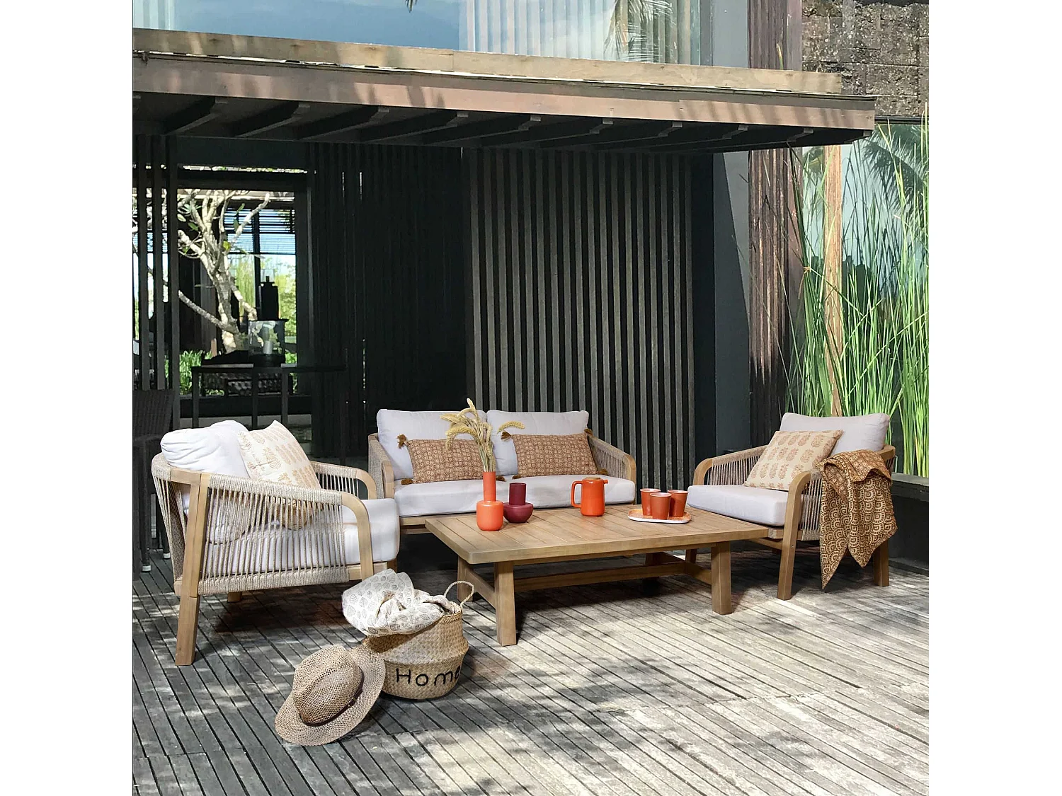 Now's Home - Salon De Jardin En Bois D'acacia Et Coussins Beige 4 Places