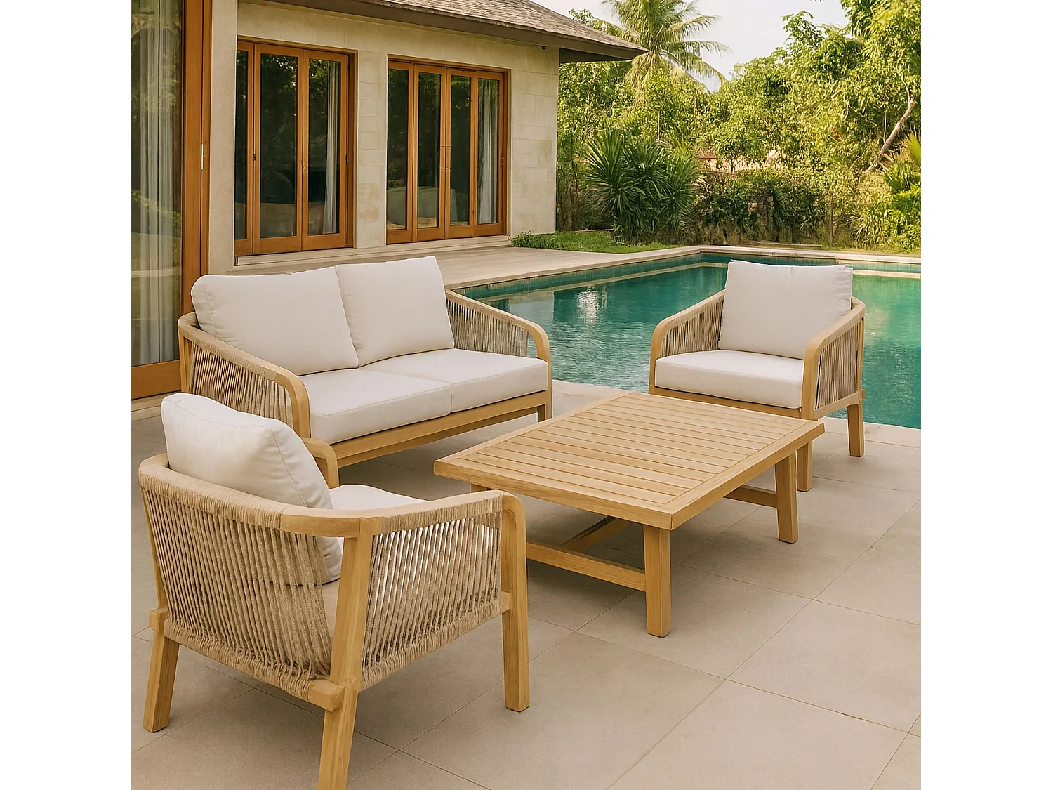 Now's Home - Salon De Jardin En Bois D'acacia Et Coussins Beige 4 Places