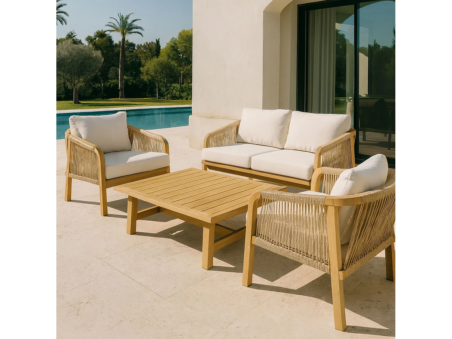 Now's Home - Salon De Jardin En Bois D'acacia Et Coussins Beige 4 Places