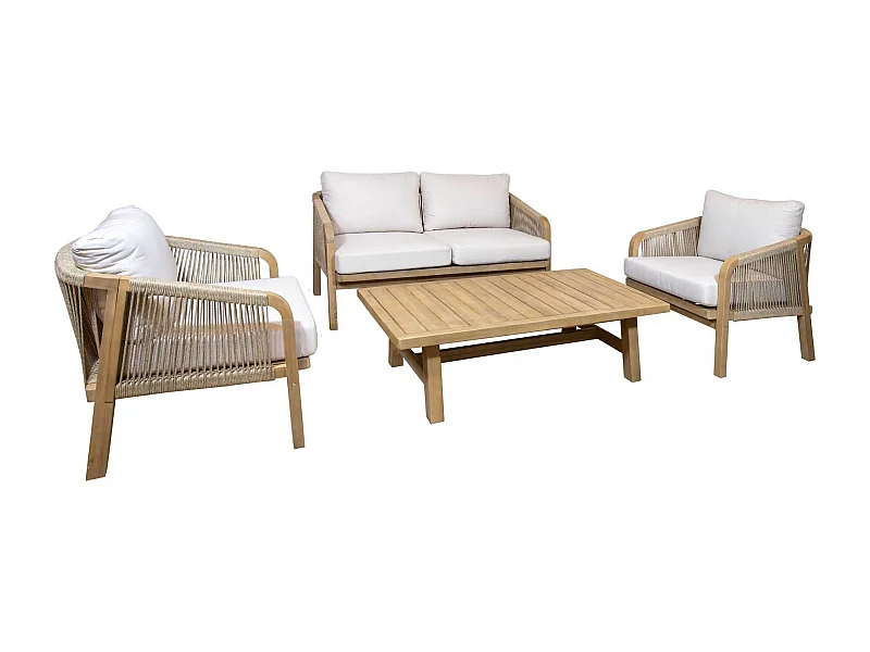 Now's Home - Salon De Jardin En Bois D'acacia Et Coussins Beige 4 Places