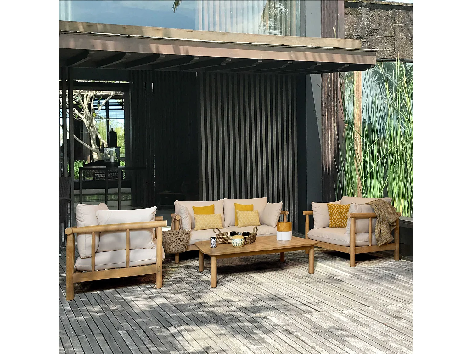 Now's Home - Salon De Jardin En Bois D'eucalyptus Et Coussins Gris 4 Places