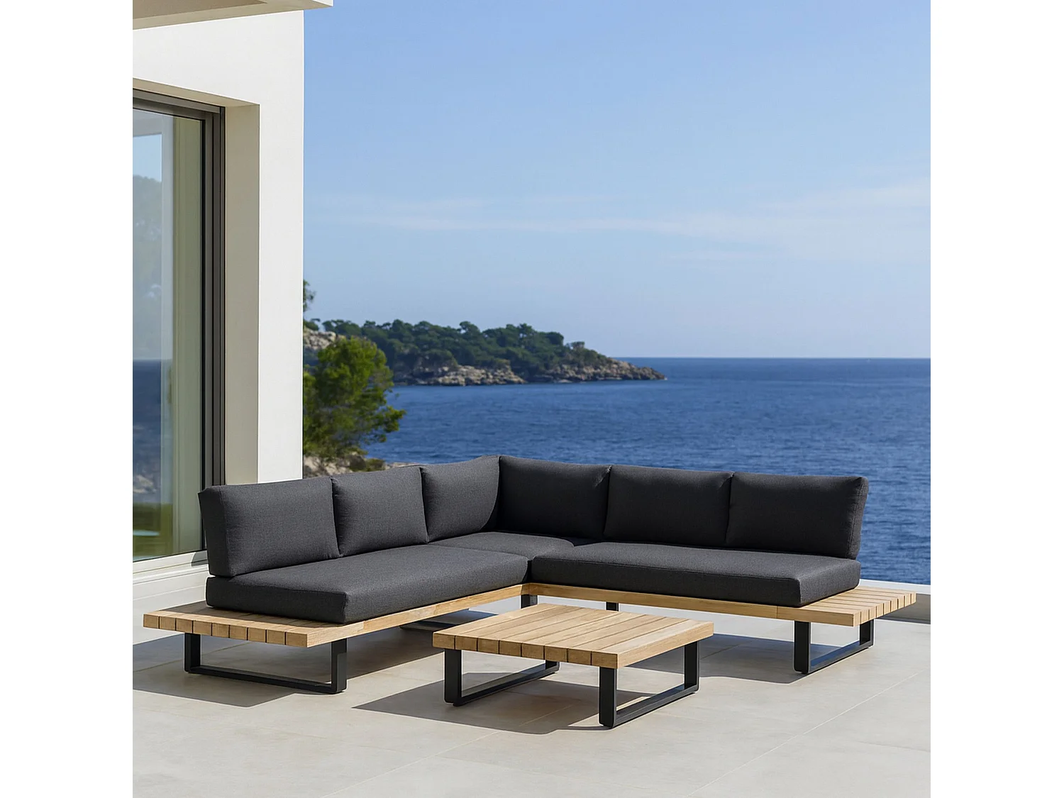 Now's Home - Salon De Jardin En Bois D'acacia Et Coussins Noir 6 Places