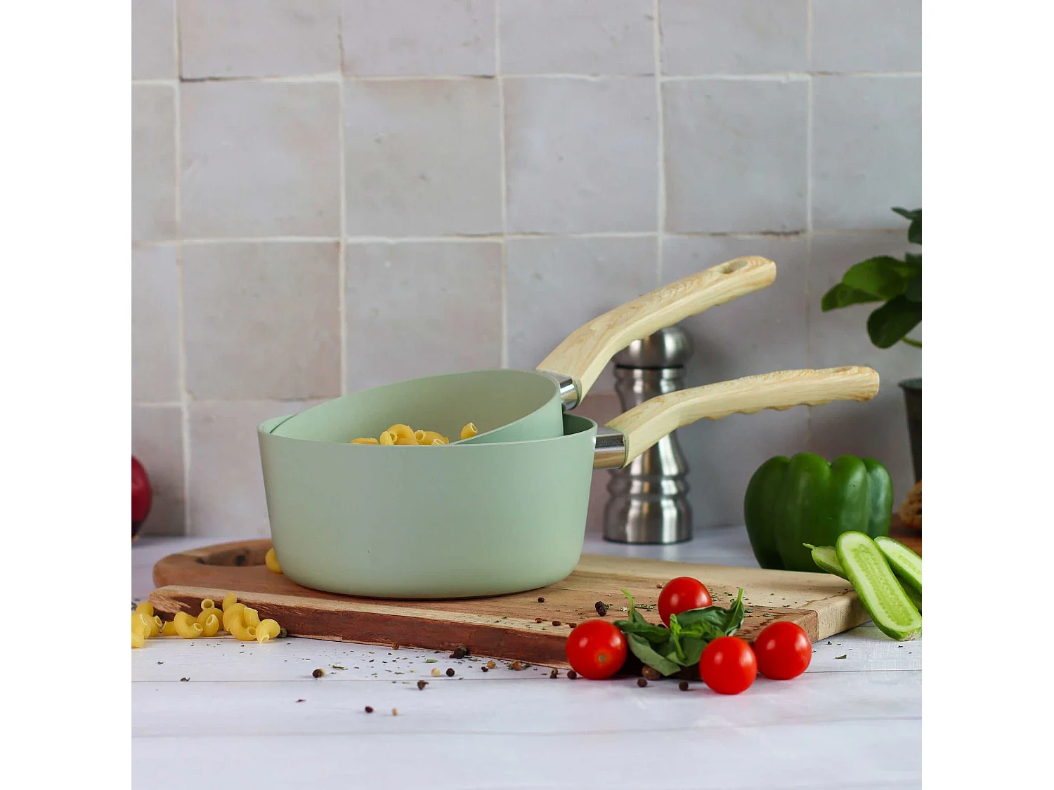 Menastyl - Set De 3 Casseroles Colorama Celadon - Casserole 16/18 Et 20 Cm - En Aluminium - Revetement Antiadhesif En Ceramique
