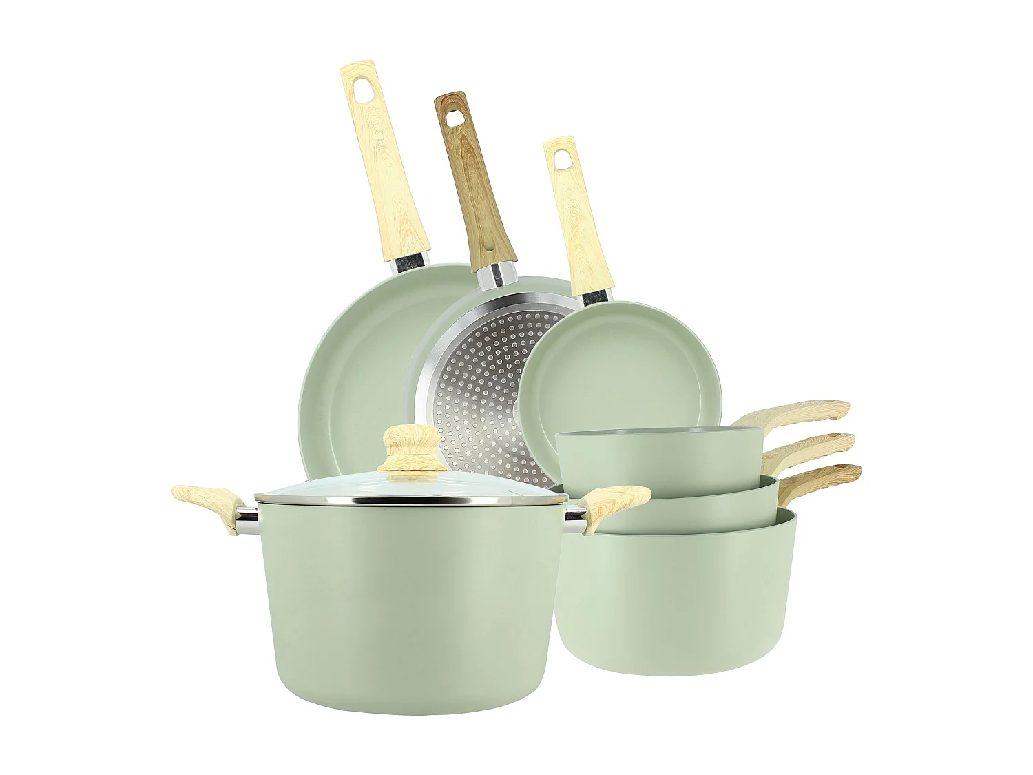 Menastyl - Set De 7 Pieces Colorama Celadon - Poeles/casseroles/faitout - En Aluminium - Revetement Antiadhesif En Ceramique