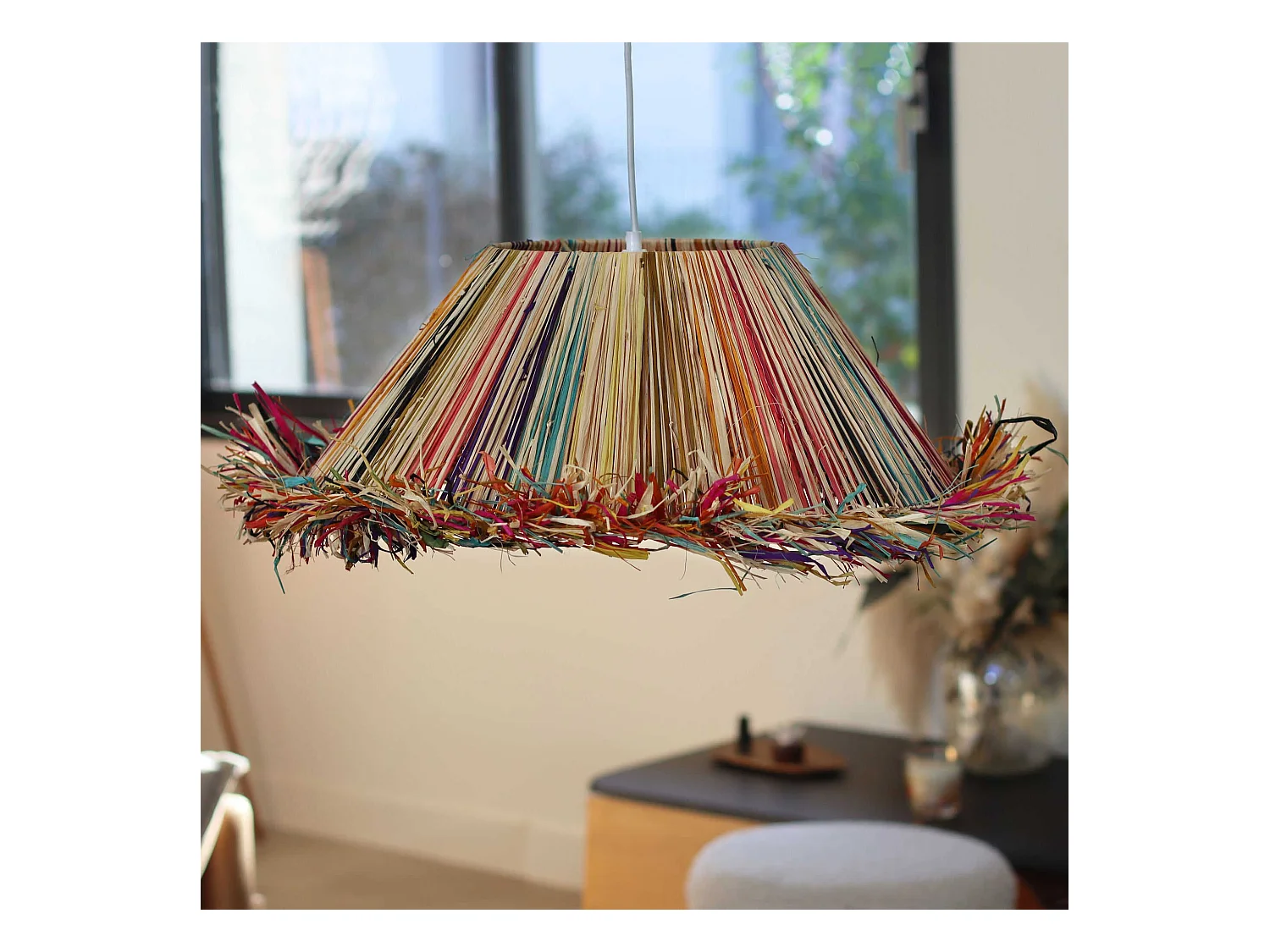 Now's Home - Suspension En Raphia Naturel Colore Avec Franges D60xh20cm Jolo