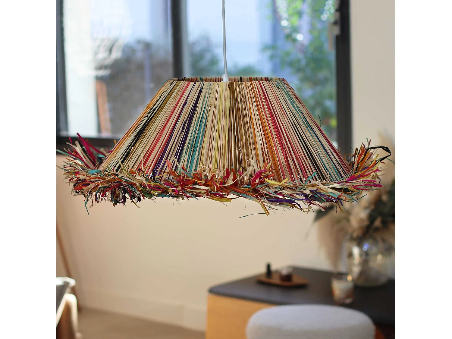 Now's Home - Suspension En Raphia Naturel Colore Avec Franges D60xh20cm Jolo