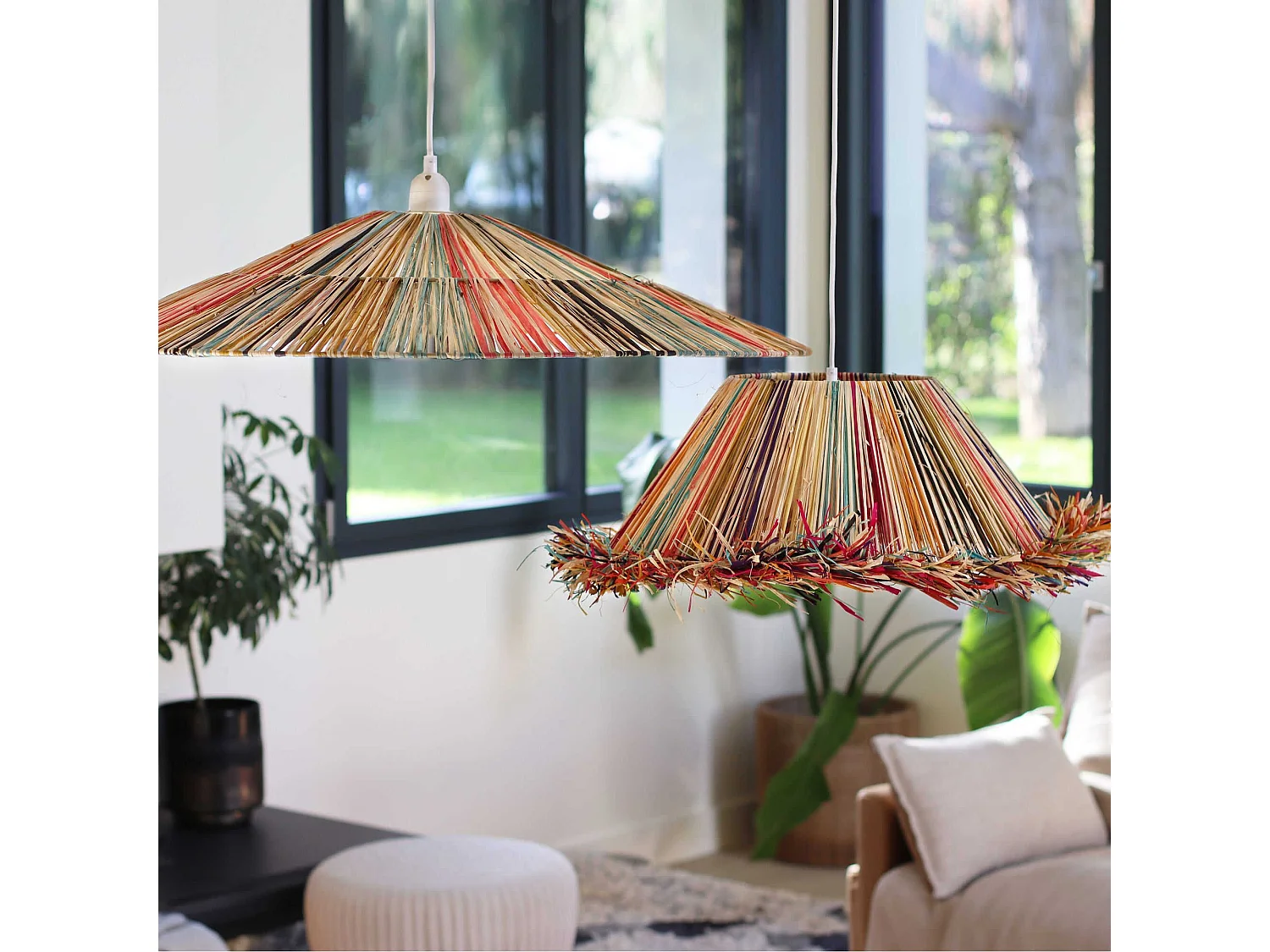 Now's Home - Suspension En Raphia Naturel Colore Avec Franges D60xh20cm Jolo