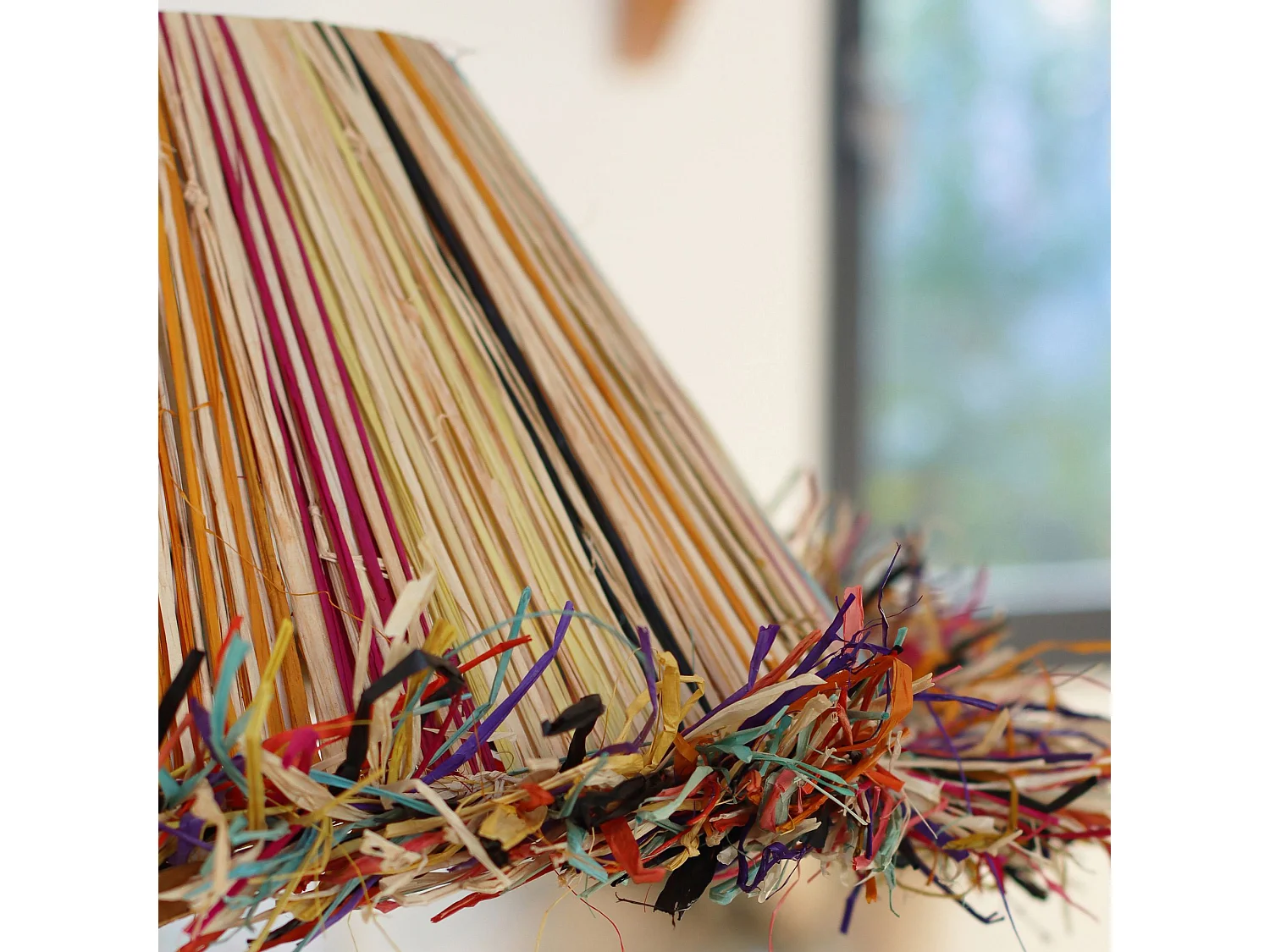 Now's Home - Suspension En Raphia Naturel Colore Avec Franges D60xh20cm Jolo