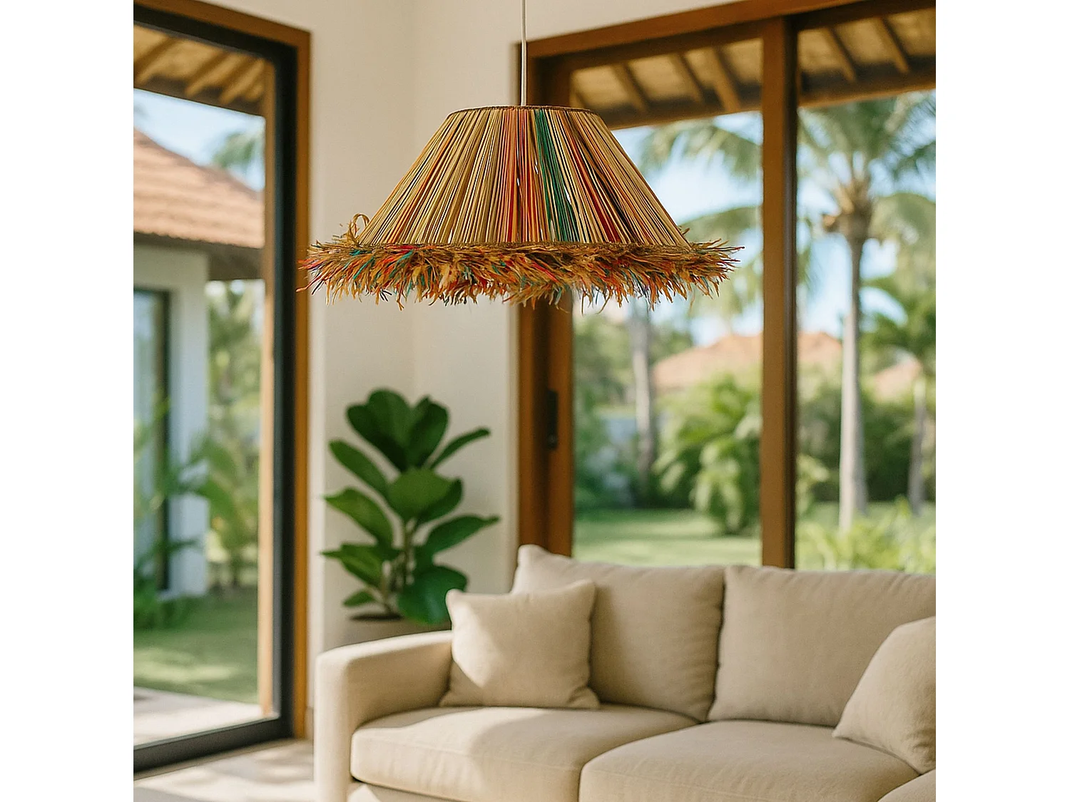 Now's Home - Suspension En Raphia Naturel Colore Avec Franges D60xh20cm Jolo