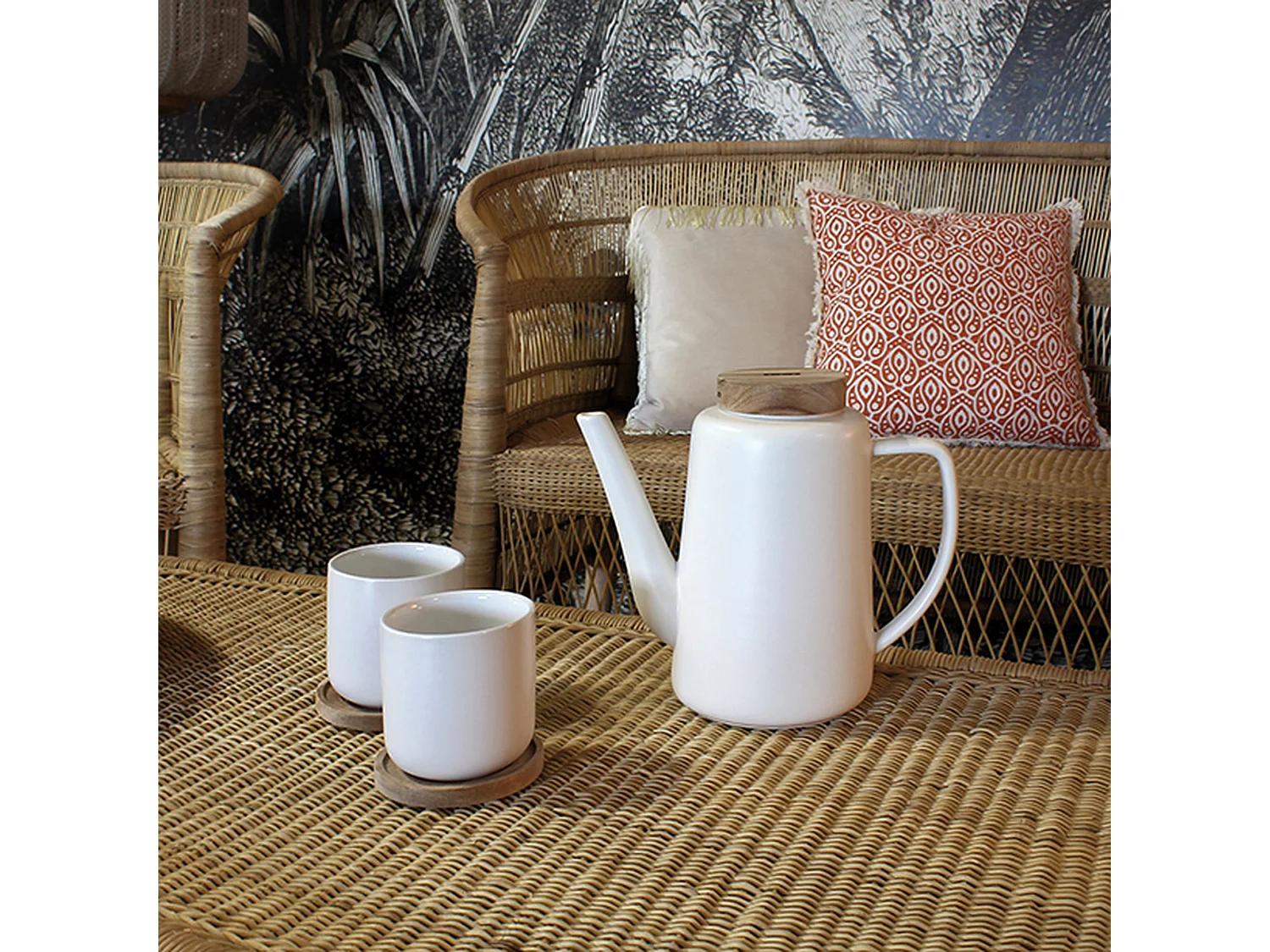 Ogo Living - Theiere Enzo 1200ml En Porcelaine Blanche Et Couvercle Acacia