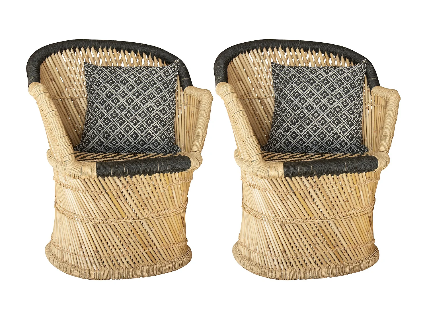 Now's Home - Lot De 2 Fauteuils En Bambou Naturel Et Noir Avec Deux Coussins Noirs